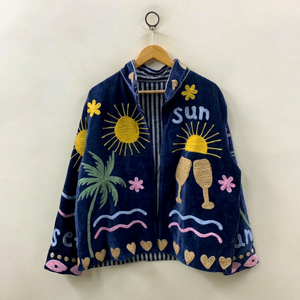 Chaqueta de Terciopelo Azul Premium Bordada para Mujer, Prenda Exterior de Lujo Hecha a Mano, Estilo Boho para Festivales, Abrigo de Invierno de Manga Larga - Product Image 1