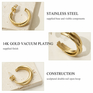Pendientes de Aro de Doble Riel de Acero Inoxidable con Baño de Oro de 14K al Vacío, Aros Abiertos Escultóricos en Capas - Product Image 5