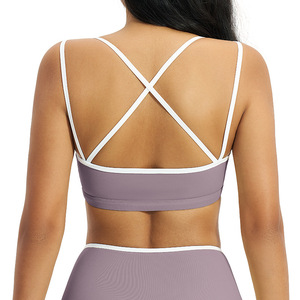 Wholesale Women's Contrast Trim Crisscross <b>Strap</b> Sports <b>Bra</b> V-Neck Yoga <b>Bra</b> with Removable Pads Slim Fit Breathable Activewear - Product Image 3
