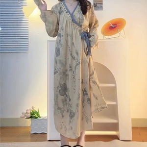 Camisón Largo Informal de Satén con Estampado Floral Tie-Dye, <span class=keywords><strong>Ropa</strong></span> de Dormir para Primavera y Otoño, Estilo Informal para el Hogar, con Botones, Largo hasta el Suelo, Natural - Product Image 3