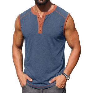<b>Men's</b> Blue Sleeveless <b>Henley</b> Tank <b>Top</b> Button Detail Casual Knitted Spandex/Cotton Muscle Shirt-Eco-Friendly Quick Dry Breathable - Product Image 1