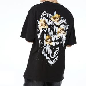 T-shirt en coton tricoté noir et blanc, collection High Street, motif graffiti lettres devant, motif ange au dos, coupe oversize ample – Grande Vente - Product Image 5