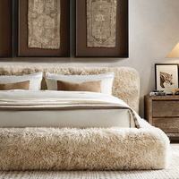 Lit double en bois écologique de luxe léger français, confortable, pour chambre principale, en tissu de laine d'agneau, moderne, simple et doux
