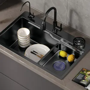 Handmade Undermount Black Nano 304 Stainless Steel Kitchen Sink With Cup Washer Multi Functional Kitchen Sink