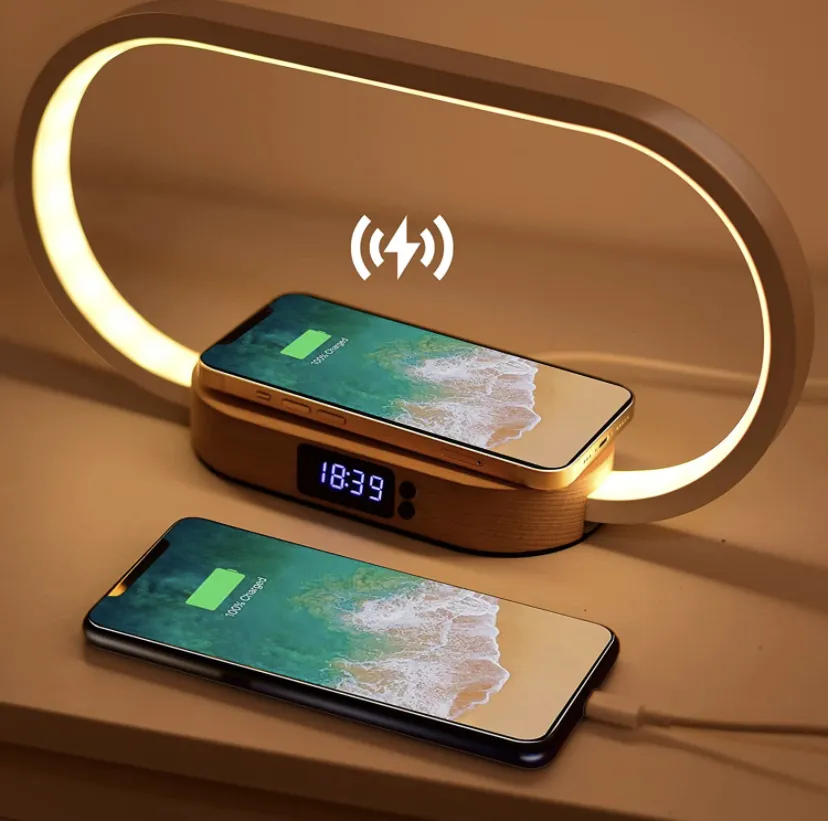 Wireless Charger Bedside Table Lamp with USB Port Wood Dimmable Touch LED Desk Lamp with Clock