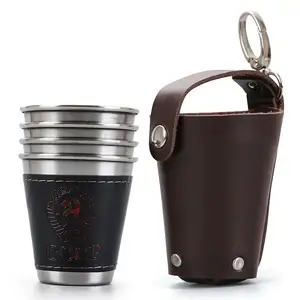 Ensemble de verres à shot en acier inoxydable, 4 pièces, 2oz, souvenir, ensemble cadeau personnalisable avec étui en cuir