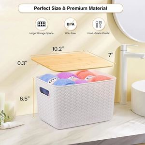 Plastic Storage Baskets With Bamboo <b>Lid</b> Stackable Storage <b>Bins</b>: Storage Baskets for Organizing - Product Image 4