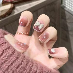 กดเล็บปลอมด้วยกาวติดเล็บปลอม24ชิ้นแบบฝรั่งเศสสีแดงกุหลาบน่ารัก - Product Image 1