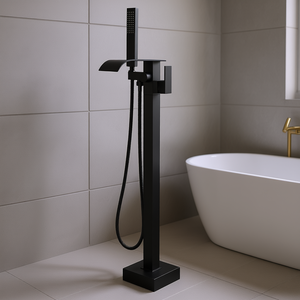 Robinet de baignoire autoportant noir mat à poignée unique en laiton, cascade, montage au sol, 37,6 pouces, pour bain et douche - Product Image 2