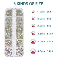 Vente en gros de 12 grilles de charmes pour ongles transparents, strass scintillants AB à dos plat, cristaux pour la décoration des ongles et l'artisanat en 6 tailles