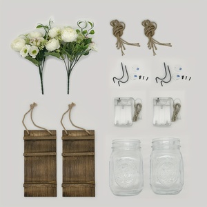 2 lampes murales rustiques en bois de style Mason Jar avec fleurs artificielles tournesol et pivoine, décoration festive de Noël pour le <span class=keywords><strong>salon</strong></span> - Product Image 4