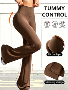 High Waist Flared Leg Yoga <b>Leggings</b> Full Length Solid Color Stretchy Fabric Seamless Design <b>Brown</b> - Product Image 5