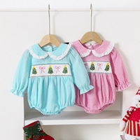 Vêtements pour bébé personnalisés froncés smockés vêtements pour bébé automne hiver brodé arbre de Noël à manches longues bouffantes dessin animé bébé barboteuses