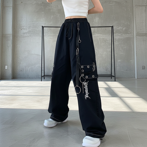 <span class=keywords><strong>Pantaloni</strong></span> Punk Street Crock da Donna, Vestibilità Ampia, Stile Hip-Hop Harajuku, <span class=keywords><strong>Neri</strong></span>, a Gamba Larga, con Coulisse, Lunghi, Stile Spice Girls, Gotico Vintage, Vita Alta - Product Image 1