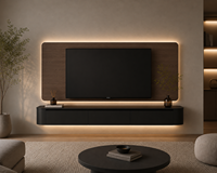 Meuble TV mural incurvé moderne avec éclairage LED intégré, finition noir mat, support mural suspendu avec lumière LED chaude