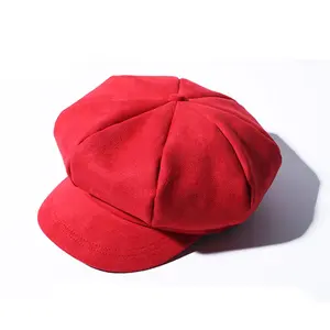 Grosir topi baret 8 Panel Wanita Logo kustom topi wanita tukang koran topi Suede musim dingin modis