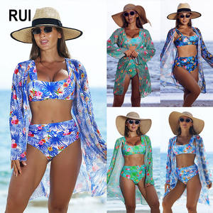 Traje de Baño de Tres Piezas con Estampado Floral para Mujer, Sexy y a la Moda, de RUIQUWIN, Malla Transpirable, Ecológico, de Secado Rápido, Ropa de Playa - Product Image 1