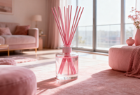 Diffuseurs de bâtonnets aromatiques en fibre désodorisants en gros, avec des bâtonnets en rotin rose, et le diamètre et la longueur peuvent être personnalisés.