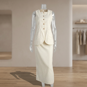 Women's 2-Piece <b>Set</b> Sleeveless <b>Blazer</b> Top Knee Length Skirt Solid Color Cotton Oxford Office Lady Style Regular Fit - Product Image 3
