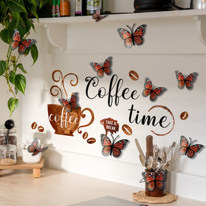 Adesivo da parete con tazza di caffè inglese più 12 farfalle 3D cucina ristorante sfondo decorativo adesivo da parete - Product Image 1