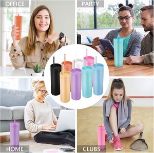 Gobelets réutilisables en acrylique mat à double paroi de 16 oz avec couvercles et pailles – Design moderne et écologique - Product Image 5
