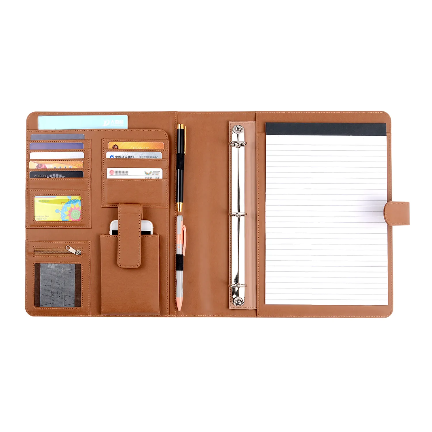 A4 Leather Portfolio Holder 3-Ring File Document Case with Removable Binder Clipboard Multi Pockets Legal Pad Business Organizer