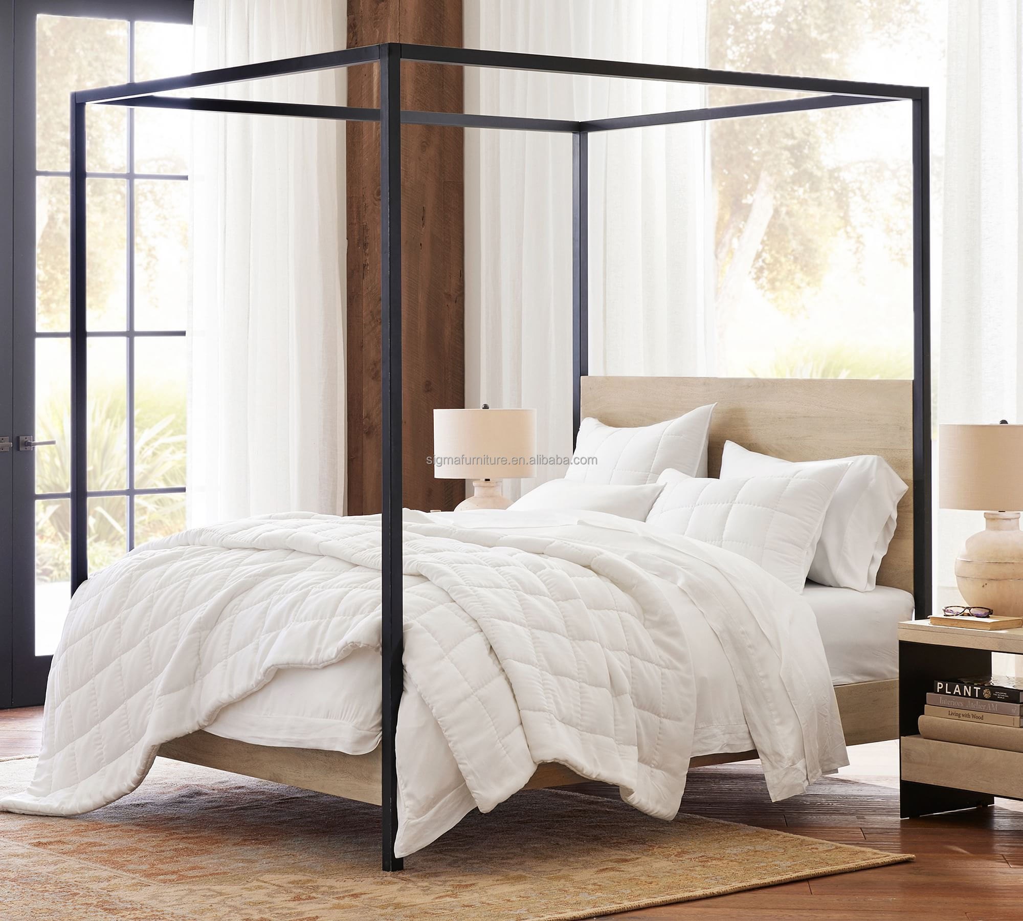 Low price made in China metal canopy bed bedroom furniture King&Queen size wooden frame bed