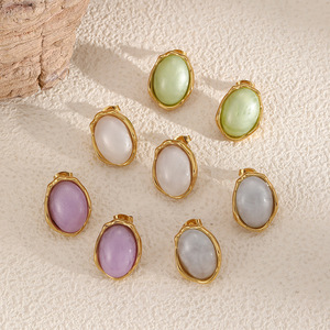 Pendientes ovalados de estilo retro a la moda con engaste de bisel para mujer, diseño geométrico, joyería de acero inoxidable - Product Image 1