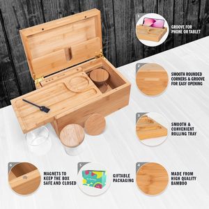 Boîte à fumer portable en bambou avec plateau à rouler en métal, pot noir anti-odeur, kit d'accessoires de fumage en bois, logo personnalisé en usine - Product Image 5