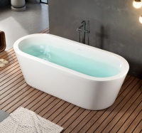 Baignoire autoportante ovale en acrylique avec drain chromé, couleur blanche, design moderne, utilisation en salle de bain intérieure, garantie 5 ans