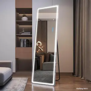 Home Use Backlight Dimmable 3 Colors Lighted Floor Standing LED Mirror Unbreakable Full Length Mirror With Lights