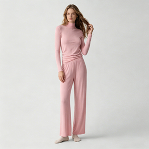 Wholesales custom Bamboo Cotton Turtleneck Long Sleeve Top + Loose <b>Wide</b> <b>Leg</b> Pants Organic Jersey Womens <b>Pyjamas</b> set - Product Image 1