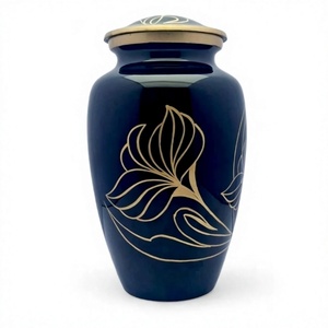 Gold Flower Printed <b>Navy</b> Blue Large Cremation Adult Urn for Human Ashes With Free Velvet <b>Bag</b> - Product Image 1