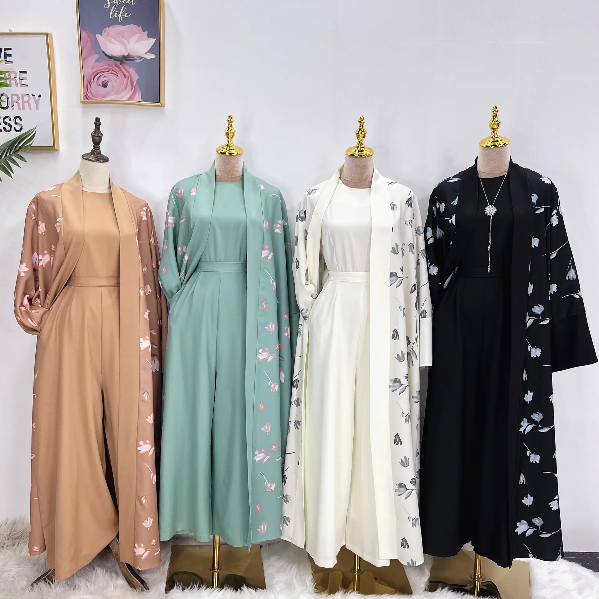 थोक फैशन Ethnique मामूली Abaya डिजाइन खाई कोट के साथ दुबई कार्डिगन पोशाक महिलाओं मुस्लिम पुष्प खुले Abaya के लिए Jumpsuit