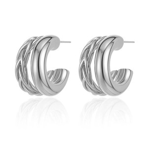 Dinle S925 Sterling Silver Double Hoop <b>Earrings</b> Geometric Design Women's Everyday Wear <b>Fine</b> Jewelry - Product Image 2