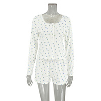 Ensemble de pyjama court en maille de polyester doux pour femme, col rond, manches longues, élégant, vêtements de détente, vêtements de maison, logo imprimé en sérigraphie