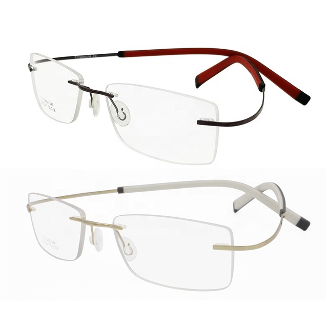 Wholesale Ultra Lightweight Pure Titanium Rectangle Rimless Optical Hingeless Eyeglasses Frames Super Bendable Side Arm Dual
