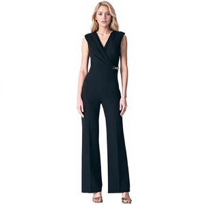 Combinaison élégante noire pour femme, col en V, sans manches, avec ceinture, taille haute, jambes larges, longueur intégrale, couleur unie, tenue de bureau - Product Image 2