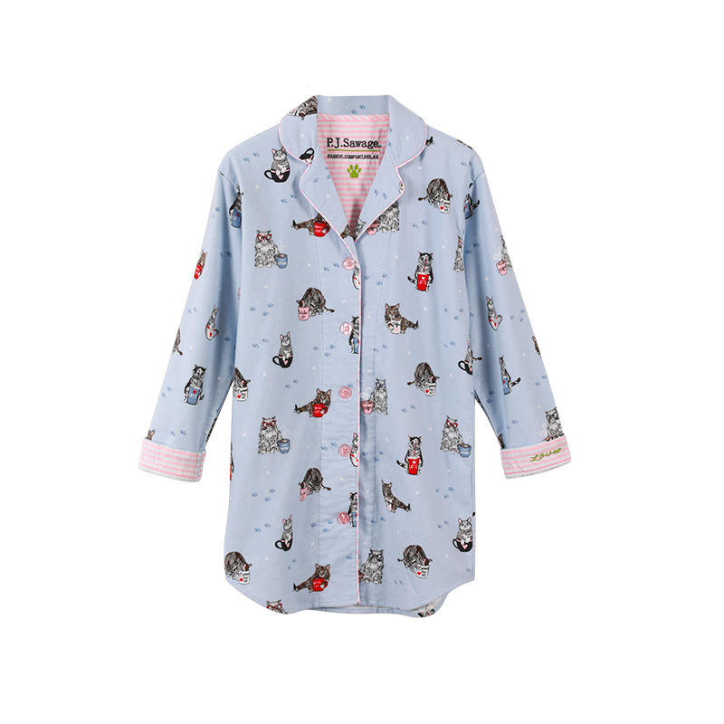 ชุดนอนผ้าฝ้ายขัดผิวลายแมวน้อยสีคอฟฟี่