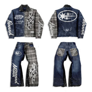 YYSY أنيقة ثقيلة الوزن المتضخم الدنيم البدلة الملابس حجر الراين مطرزة التصحيح غسل حمض خمر جان سترة مجموعة للرجال - Product Image 4