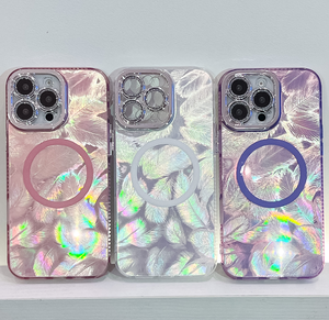 Estuche de carga inalámbrica magnética para <span class=keywords><strong>Iphone</strong></span> 16 Plus 15 Pro Max 14 <span class=keywords><strong>13</strong></span> Feather Ice Plating IMD Contraportada Protector de lente de cámara - Product Image 1