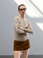 Pull Henley élégant en cachemire pur à 100 %, tricot fin côtelé léger, coupe ajustée pour femme, manches longues, col basique, doux et chaud pour l'hiver