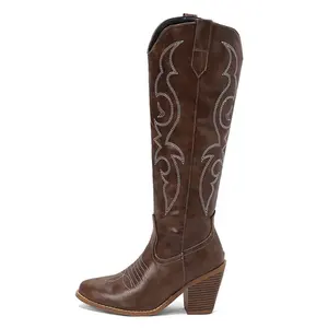 Atacado fábrica artesanal couro ocidental cowboy robusto mulheres joelho botas altas