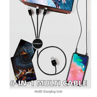 Kabel Pengisi Daya Multi 6-in-1 USB C/A dengan Logo Bercahaya untuk Ponsel Universal, Pengisian Cepat 3A, 100% Tembaga Murni, Kabel Data dengan Jalinan Nilon