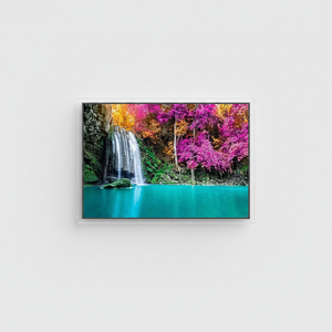 Nature's Serenity Art Deco Panel Printed Canvas Print of Purple Trees & Waterfall Clear <b>Framed</b> Hanging Wall Art - Product Image 2