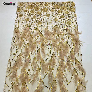 WFB-226 Keering nouveauté paillettes 3D fleur femmes mariage robe de soirée broderie Tulle tissu avec plume - Product Image 6