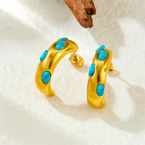Geometric <b>Turquoise</b> <b>Stud</b> <b>Earrings</b> Stainless Steel Micro Insert Everyday Wear - Product Image 2
