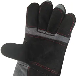 High Quality 16 Inch Tig Welding Black And Grey Leather Gloves Long Cotton Lined For BBQ