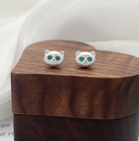 Boucles d'oreilles clous en argent sterling S999 avec zircone en forme de chat, mignonnes et tendance, pour enfants, bijoux fins en argent