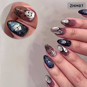 Uñas postizas de almendra para Halloween, pintadas a mano con efecto ojo de gato, uñas fantasma modernas, espeluznantes y elegantes, uñas postizas reutilizables, arte de uñas gótico - Product Image 2